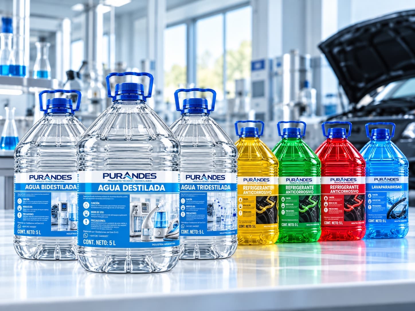 Línea Purandes: agua bidestilada, destilada y tridestilada, refrigerante / anticorrosivo amarillo, verde y rojo, y lavaparabrisas, en bidones de 5 litros